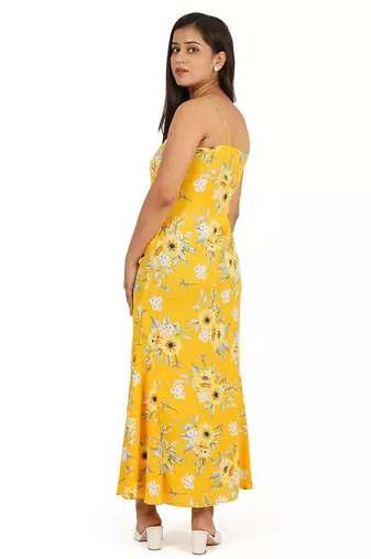 Yellow printed a-line long dress