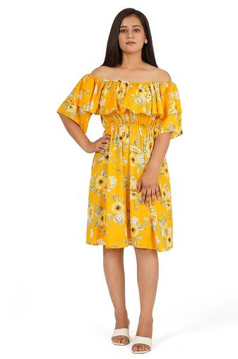Yellow printed off shoulder ruffle dress