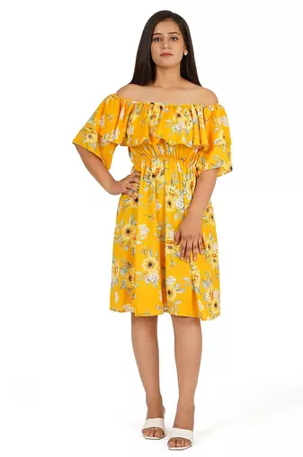 Yellow printed off shoulder ruffle dress