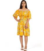 Yellow printed off shoulder ruffle dress