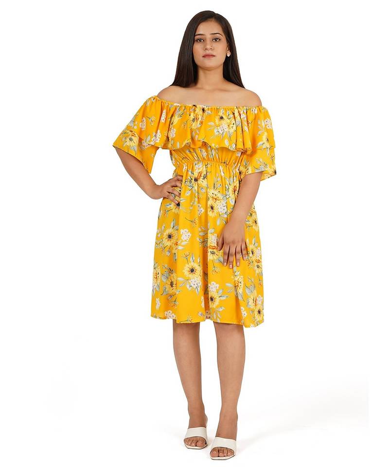 Yellow printed off shoulder ruffle dress