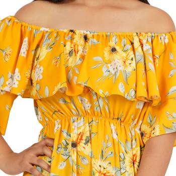 Yellow printed off shoulder ruffle dress 2