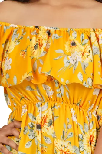 Yellow printed off shoulder ruffle dress