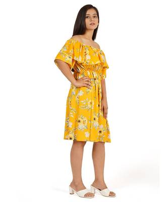 Yellow printed off shoulder ruffle dress 3
