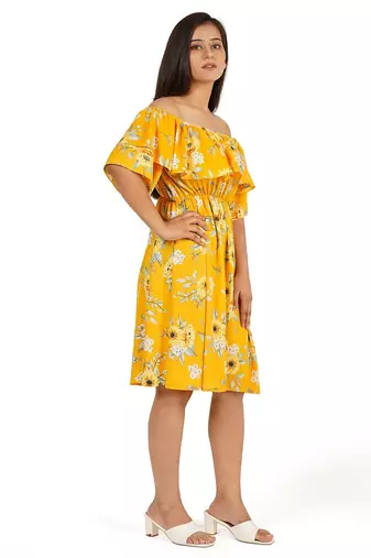 Yellow printed off shoulder ruffle dress