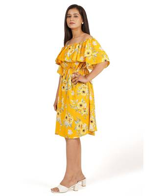 Yellow printed off shoulder ruffle dress 4