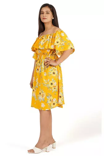 Yellow printed off shoulder ruffle dress
