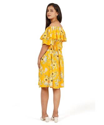 Yellow printed off shoulder ruffle dress 5