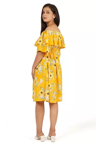 Yellow printed off shoulder ruffle dress