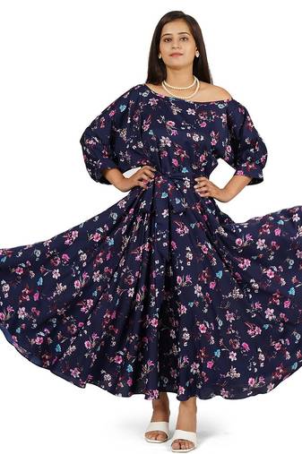 Blue one side off-shoulder full flare long dress