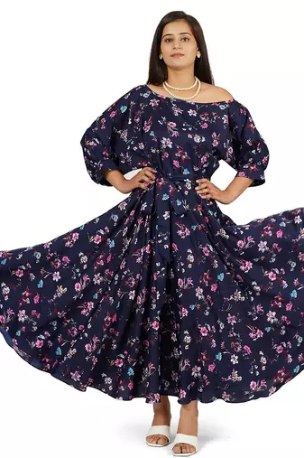 Blue one side off-shoulder full flare long dress