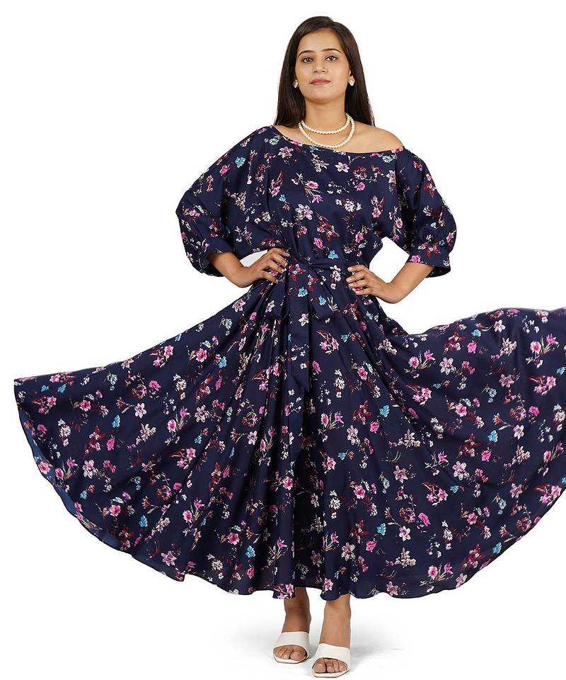 Blue one side off-shoulder full flare long dress