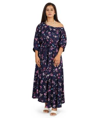Blue one side off-shoulder full flare long dress 3