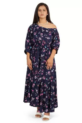 Blue one side off-shoulder full flare long dress