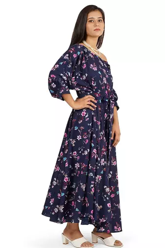 Blue one side off-shoulder full flare long dress