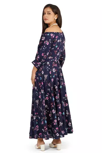 Blue one side off-shoulder full flare long dress
