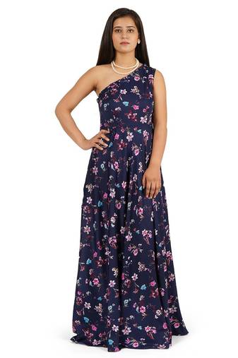 Blue long full flare one shoulder dress