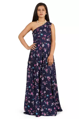 Blue long full flare one shoulder dress