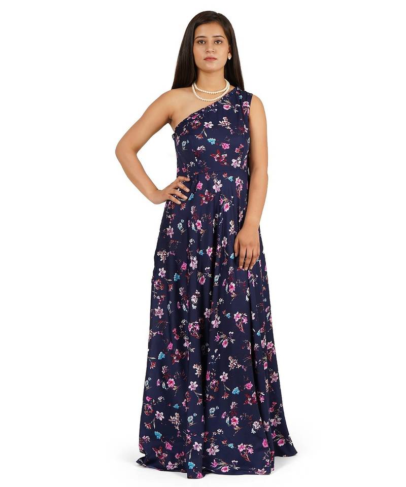 Blue long full flare one shoulder dress