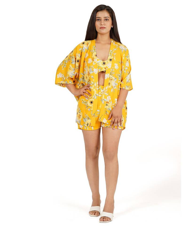 Yellow printed shorts bustier kaftan jacket