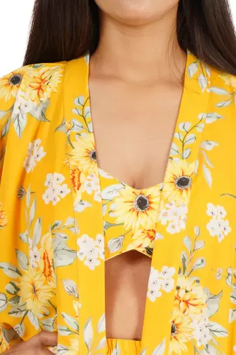 Yellow printed shorts bustier kaftan jacket