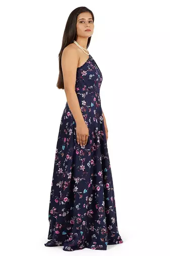 Blue long full flare one shoulder dress