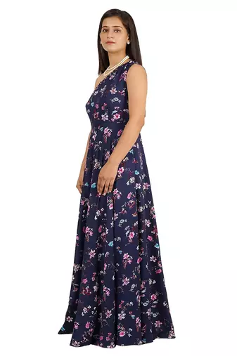 Blue long full flare one shoulder dress
