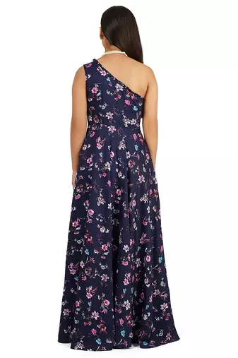 Blue long full flare one shoulder dress