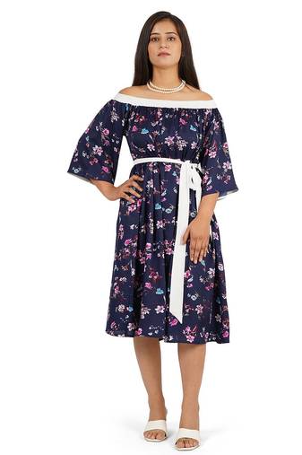 Blue off-shoulder knee length dress