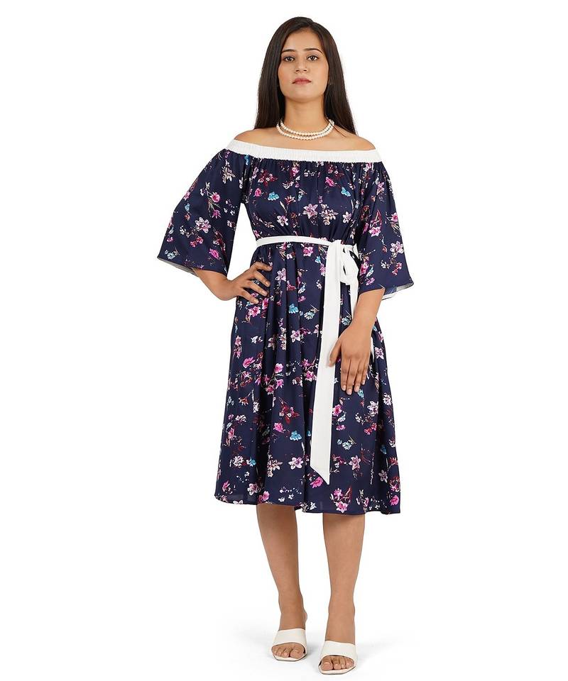 Blue off-shoulder knee length dress