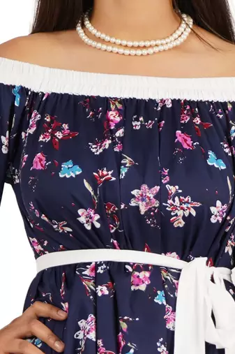 Blue off-shoulder knee length dress