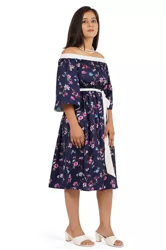 Blue off-shoulder knee length dress