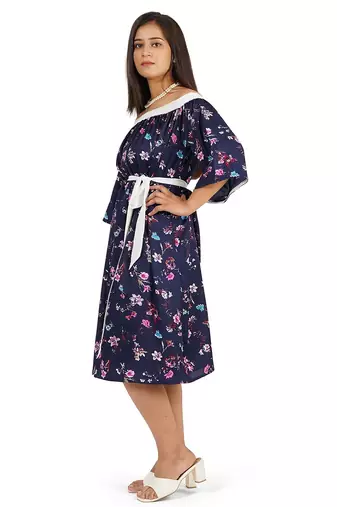 Blue off-shoulder knee length dress
