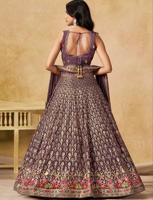 purple zari embroidered georgette lehenga set choli with dupatta 4