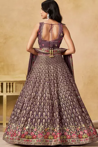 purple zari embroidered georgette lehenga set choli with dupatta