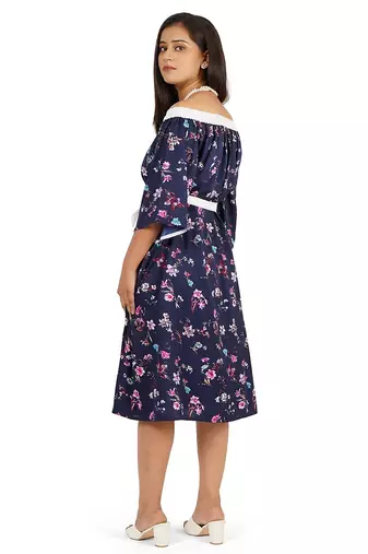 Blue off-shoulder knee length dress