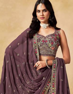 purple zari embroidered georgette lehenga set choli with dupatta 5