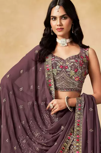 purple zari embroidered georgette lehenga set choli with dupatta