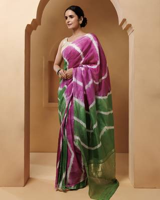 Pink-Green Tabby Silk Hand Dyed Leheriya Saree 2
