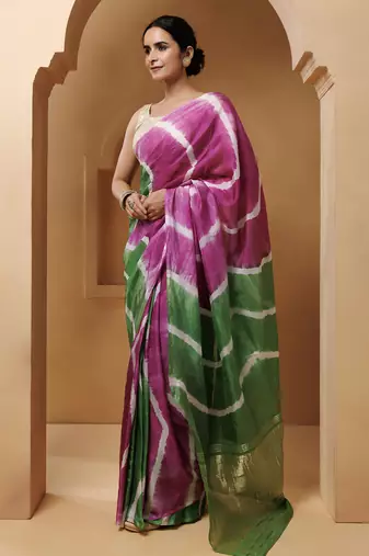 Pink-Green Tabby Silk Hand Dyed Leheriya Saree