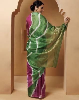 Pink-Green Tabby Silk Hand Dyed Leheriya Saree 3
