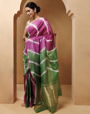 Pink-Green Tabby Silk Hand Dyed Leheriya Saree 4