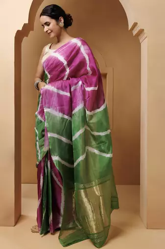 Pink-Green Tabby Silk Hand Dyed Leheriya Saree