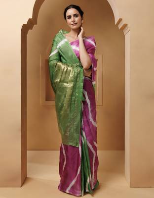 Pink-Green Tabby Silk Hand Dyed Leheriya Saree 5