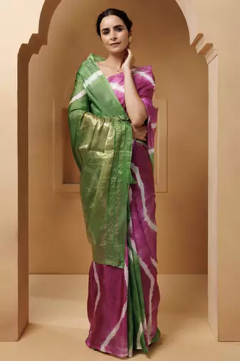 Pink-Green Tabby Silk Hand Dyed Leheriya Saree