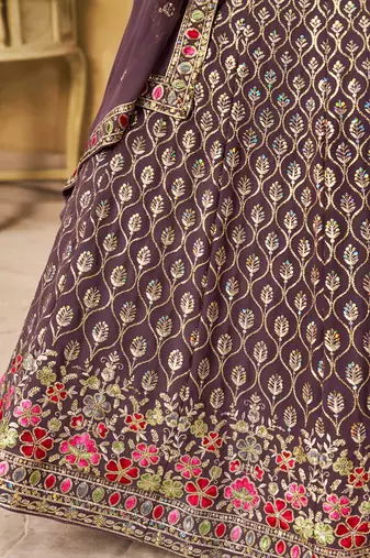 purple zari embroidered georgette lehenga set choli with dupatta