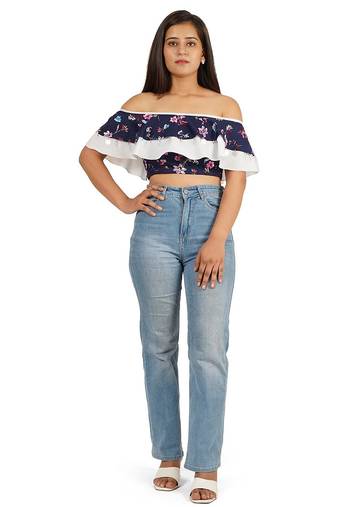 Blue off shoulder ruffle top