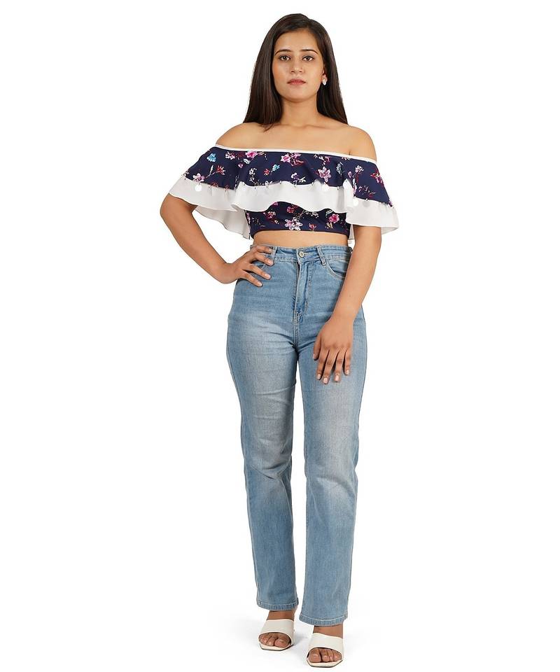 Blue off shoulder ruffle top