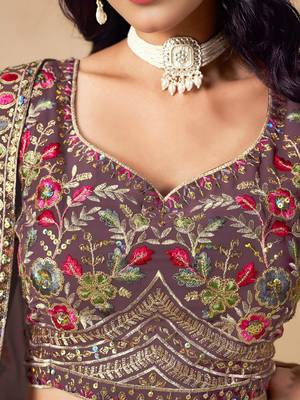 purple zari embroidered georgette lehenga set choli with dupatta 7
