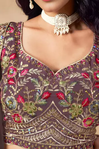 purple zari embroidered georgette lehenga set choli with dupatta